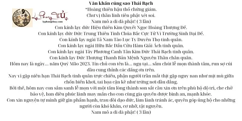 Bài cúng chi tiết hạn sao Thái Bạch